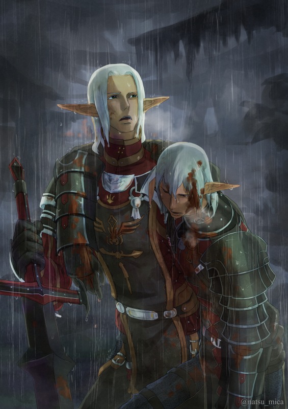 2boys, arm_around_shoulder, armor, artist_name, blood, blood_on_face, bloody_clothes, bloody_hair, dark, elf, elvaan, final_fantasy, final_fantasy_xi, forest, gauntlets, injury, looking_away, multiple_boys, natsu_mica, nature, night, pointy_ears, rain, silver_hair, spaulders, sword, tree, weapon, wet