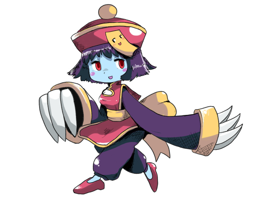 1girl, blue_skin, breasts, chibi, chinese_clothes, claws, cleavage, darkstalker