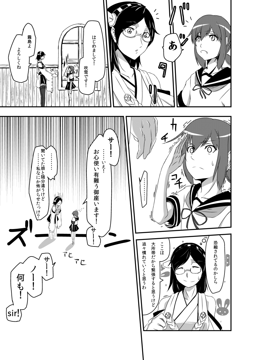 2girls, bare_shoulders, comic, commentary_request, detached_sleeves, flying_sweatdrops, fubuki_(kantai_collection), glasses
