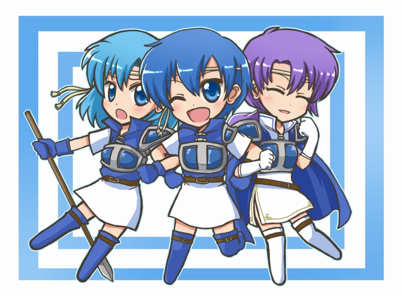 3girls, :o, ;d, armor, armored_dress, bell, blue_eyes, blue_hair
