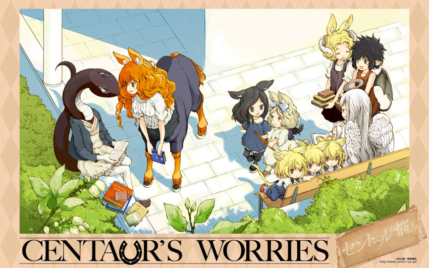 6+girls, :d, angel, angel_wings, animal_ears, bench, black_hair, blonde_hair