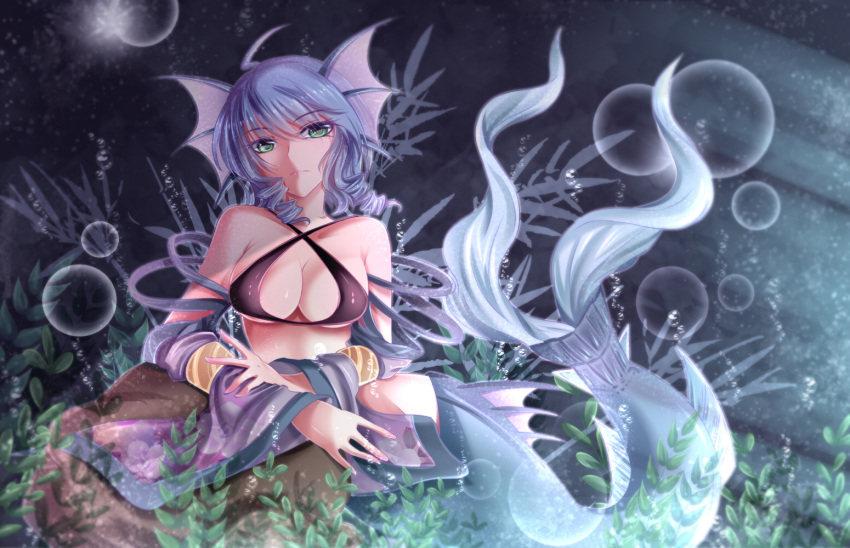 1girl, ahoge, alternate_costume, bare_shoulders, bikini_top, blue_hair, breasts, bubble, cleavage, criss-cross_halter, detached_sleeves, doc.lnn, green_eyes, halter_top, halterneck, head_fins, large_breasts, looking_at_viewer, mermaid, monster_girl, solo, touhou, underwater, wakasagihime