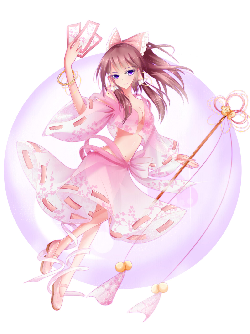 1girl, adapted_costume, alternate_costume, bow, breasts, brown_hair, cleavage, doc.lnn, floral_print, full_body, gohei, hair_bow, hair_tubes, hakurei_reimu, highres, leg_ribbon, looking_at_viewer, midriff, miniskirt, navel, no_bra, ofuda, ribbon-trimmed_skirt, ribbon-trimmed_sleeves, ribbon_trim, see-through, shoes, simple_background, skirt, smile, solo, touhou, violet_eyes, white_background, wide_sleeves