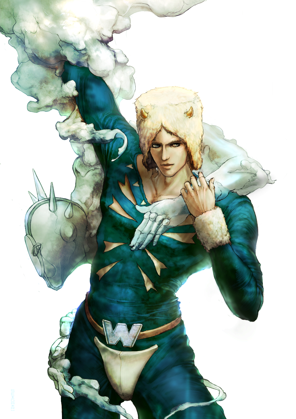 2boys, blue_eyes, clouds, fur_hat, fwfwpkpk, grey_eyes, hat, highres, horns, jojo_no_kimyou_na_bouken, multiple_boys, stand_(jojo), weather_report, weather_report_(stand)