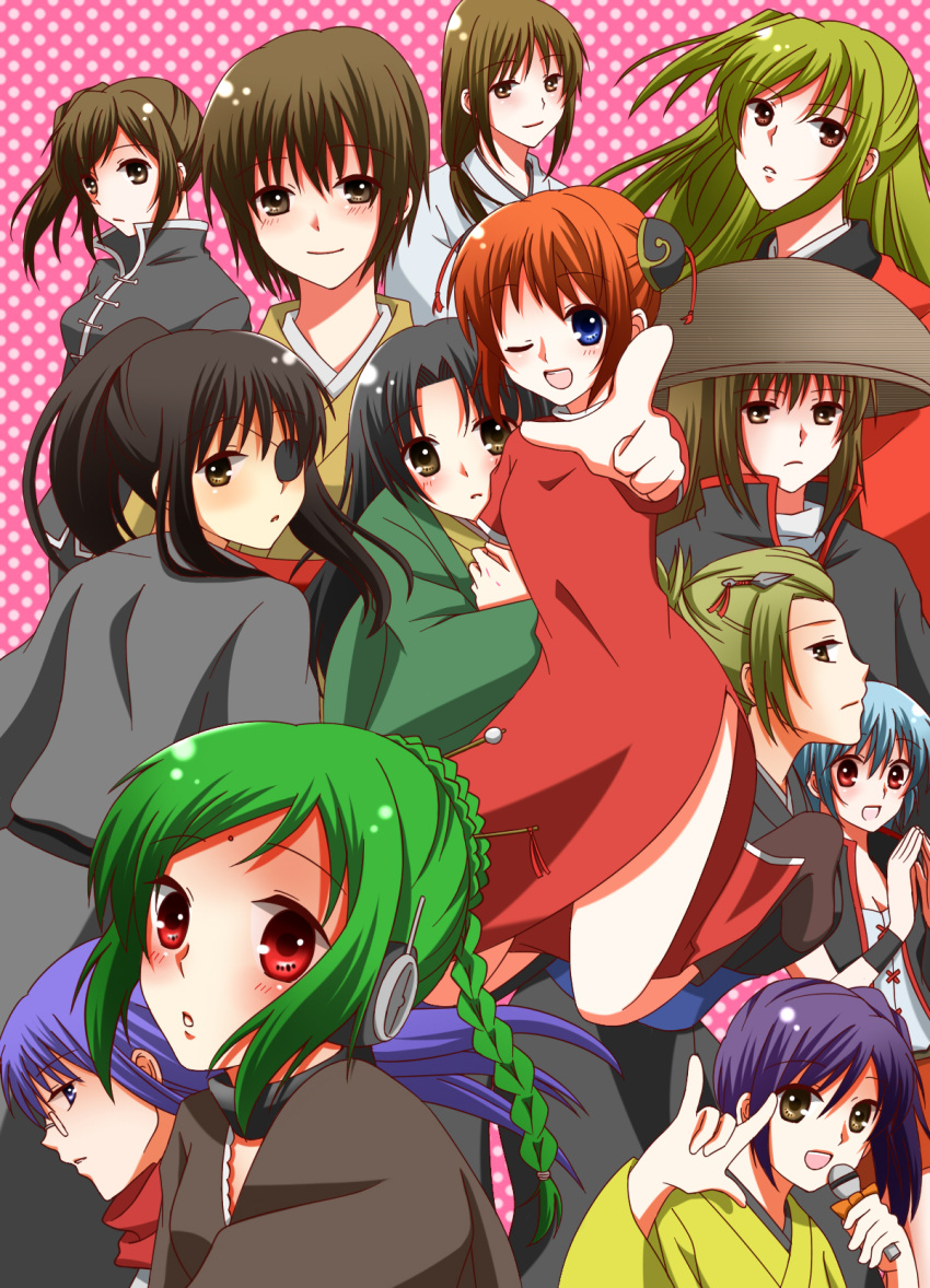 13girls, \m/, black_hair, blue_eyes, blush, brown_eyes, china_dress, chinadress, chinese_clothes, double_bun, everyone, eyepatch, genderswap, gintama, girl, glasses, green_hair, highres, ikumatsu, japanese_clothes, kagura_(gintama), kijima_matako, long_hair, microphone, multiple_girls, mutsu_(gintama), name_characters, okita_mitsuba, okita_sougo, orange_hair, polka_dot, red_eyes, sakata_gintoki, sarutobi_ayame, shimura_tae, short_hair, tama_(gintama), terakado_tsu, tokugawa_soyo, tsukuyo, wink, yagyu_kyubei, yagyuu_kyuubei