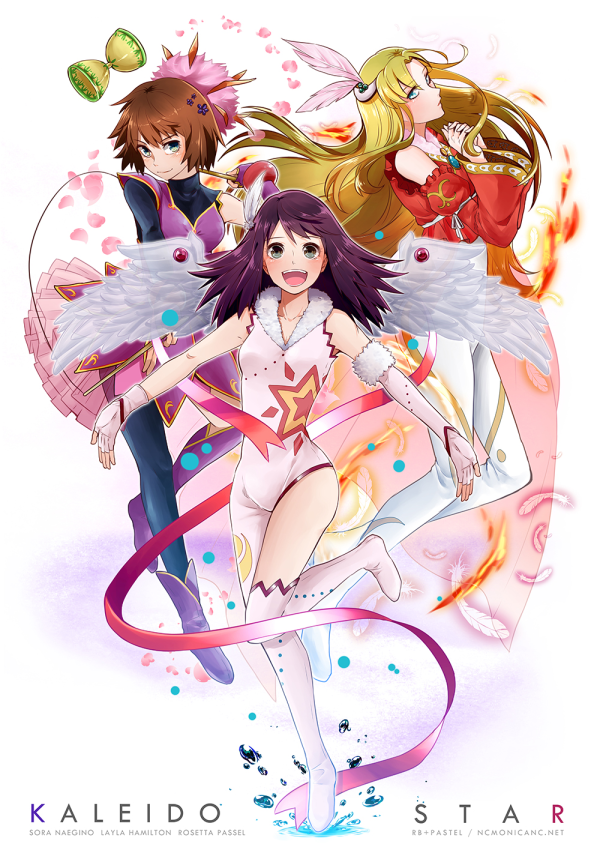 3girls, :d, blonde_hair, blue_eyes, blush, brown_hair, detached_sleeve, diabolo, feathers, fingerless_gloves, gloves, green_eyes, hair_feathers, hands_clasped, kaleido_star, layla_hamilton, long_hair, monicanc, multiple_girls, naegino_sora, open_mouth, purple_hair, rosetta_passel, short_hair, single_glove, smile, wide_sleeves, wings