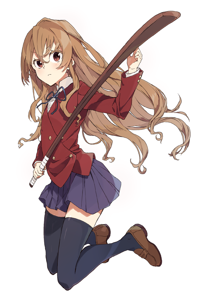 1girl, aisaka_taiga, bokken, brown_eyes, brown_hair, falsehood, long_hair, school_uniform