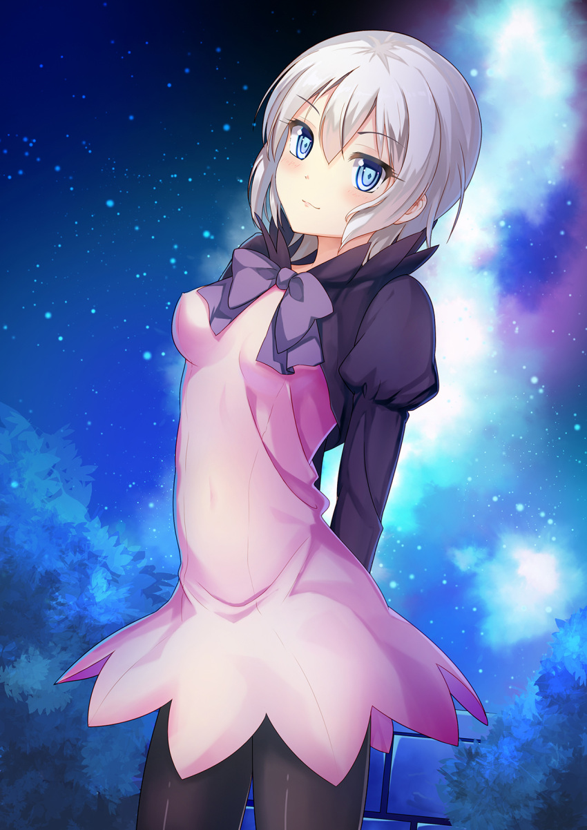 1girl, arms_behind_back, black_legwear, blue_eyes, bowtie, dance_of_eternity, gundam, gundam_build_fighters