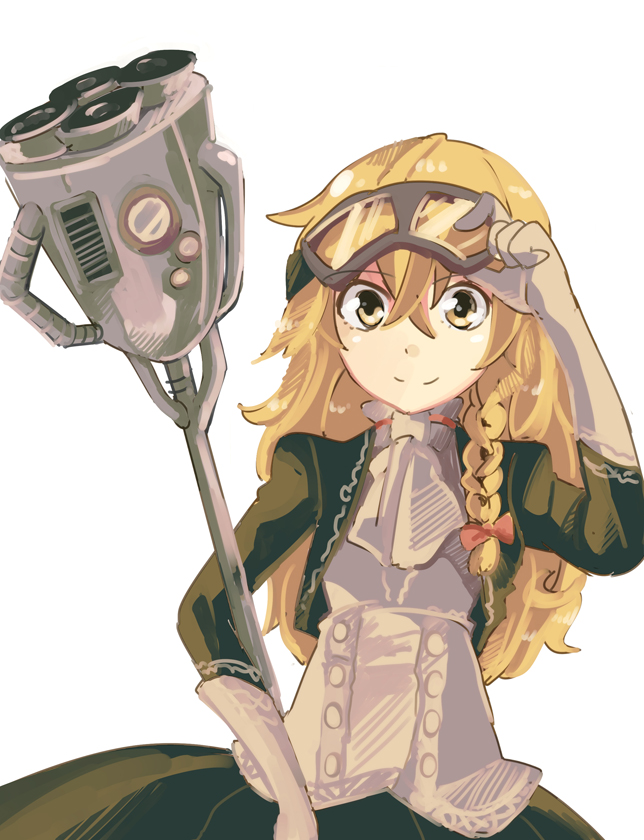 1girl, adjusting_goggles, alternate_costume, blonde_hair, bow, braid, corset, dress