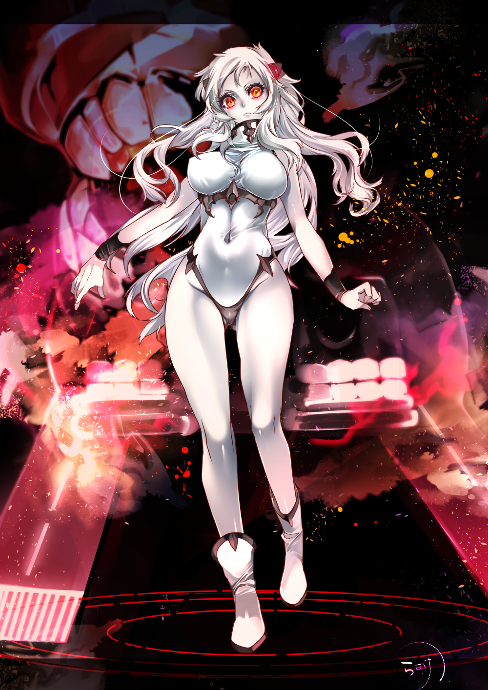 1girl, airfield_hime, bare_shoulders, black_panties, boots, breasts, covered_navel, glowing