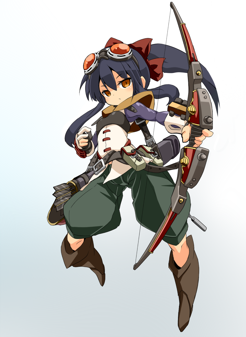 1girl, arrow, belt, belt_pouch, black_hair, blush, boots, bow