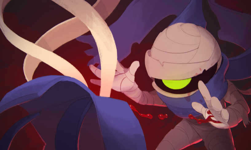 1girl, ally_(nuclear_throne), bandages, blood, blue_scarf, green_eyes, justin_chan, nuclear_throne, official_art, one-eyed, rebel_(nuclear_throne), scarf, solo_focus