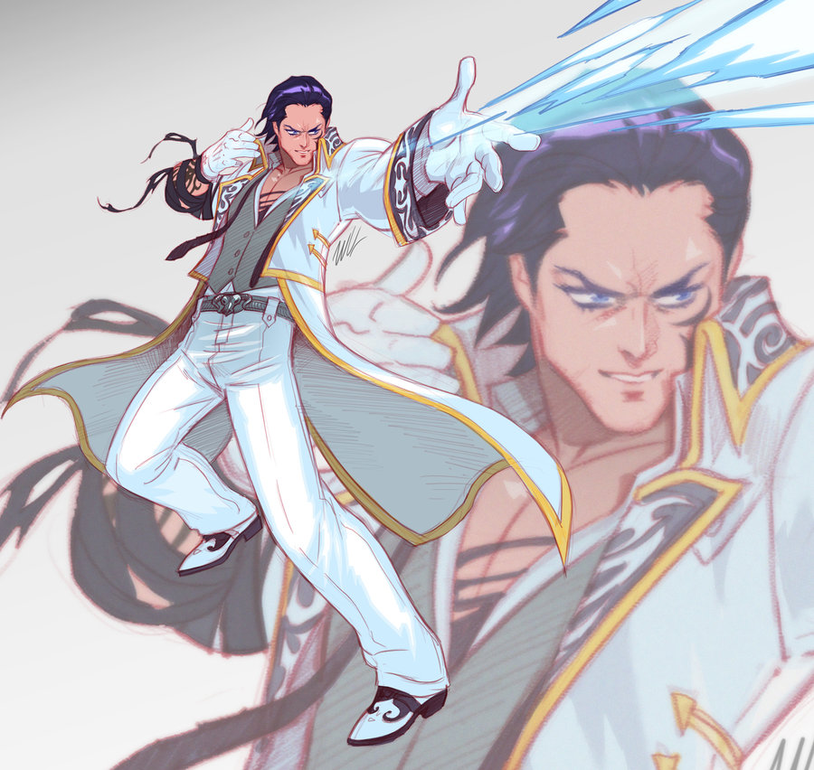 1boy, black_hair, blue_eyes, claudio_serafino, energy_arrow, gloves, hair_slicked_back, long_coat