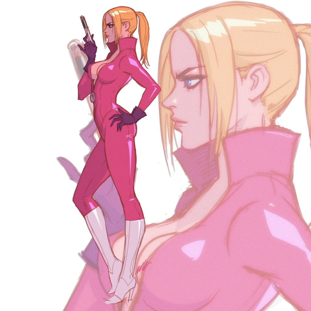 1girl, alternate_costume, blonde_hair, blue_eyes, bodysuit, boots, breasts, catsuit