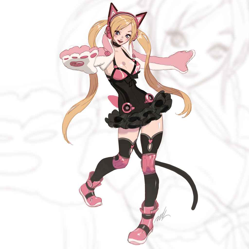 1girl, animal_ears, black_legwear, blonde_hair, blue_eyes, boots, breasts, cat_ears