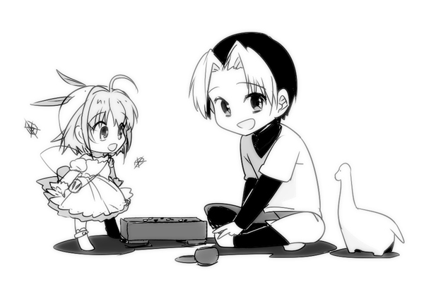 1boy, 1girl, air, aki_(neyuki41028), board_game, chibi, chicchana_yukitsukai_sugar, crossover