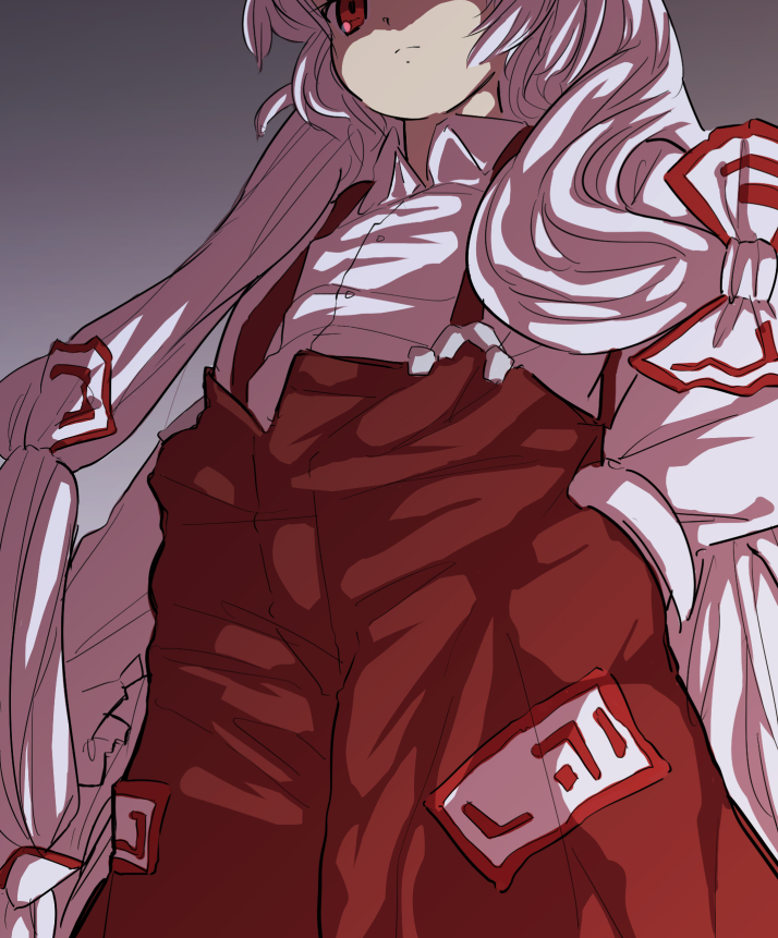 1girl, bow, dress_shirt, fujiwara_no_mokou, gradient, gradient_background, hair_bow, hands_in_pockets