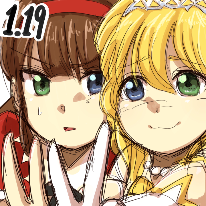 2girls, :3, bare_shoulders, blonde_hair, blue_eyes, brown_hair, dated, elbow_gloves