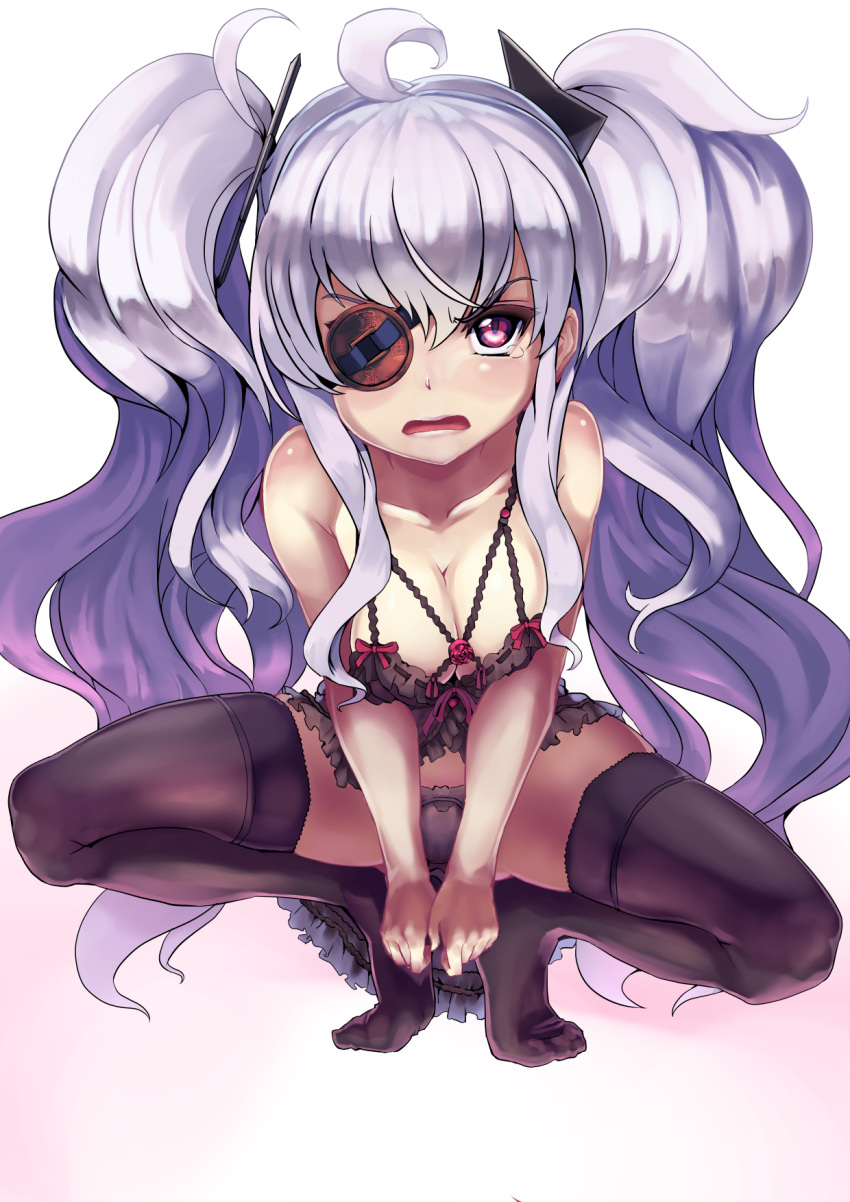 1girl, ahoge, babydoll, black_legwear, black_panties, blush, breasts, cleavage, collarbone, eyepatch, flower, hair_ornament, highres, knees_apart_feet_together, lingerie, long_hair, ninopal, open_mouth, panties, pink_eyes, ribbon, rose, senran_kagura, senran_kagura_(series), shuriken, solo, squatting, tears, thigh-highs, twintails, underwear, very_long_hair, white_hair, yagyuu_(senran_kagura)