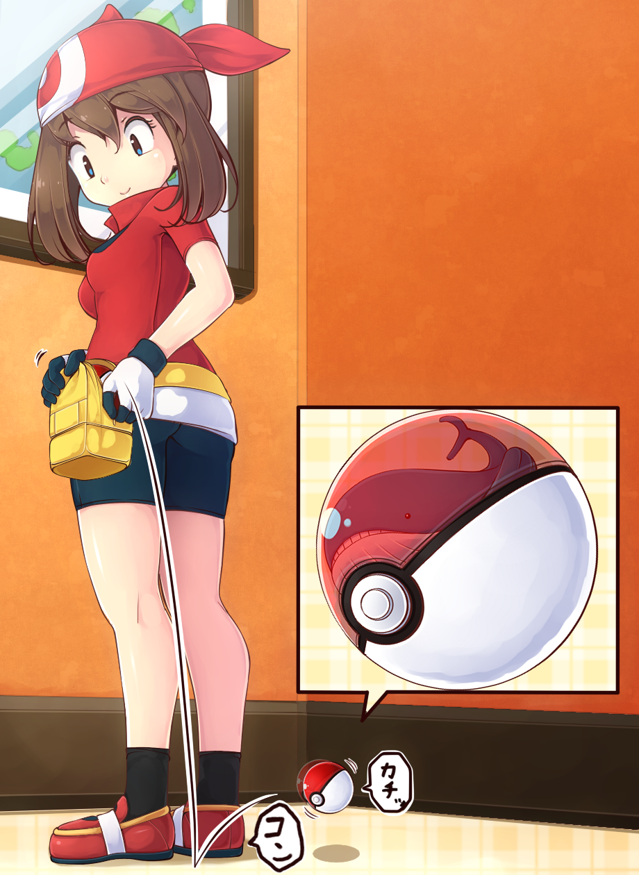 1girl, ass, bandana, bike_shorts, blue_eyes, brown_hair, fanny_pack, full_body