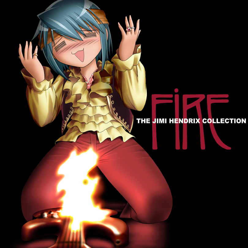 1girl, album_cover, black_background, blue_hair, blush, cover, electric_guitar, english, fire, fire:_the_jimi_hendrix_collection, guitar, headband, instrument, jewelry, jimi_hendrix, kneeling, mahou_shoujo_madoka_magica, miki_sayaka, open_mouth, parody, ring, shingyouji_tatsuya, short_hair, solo