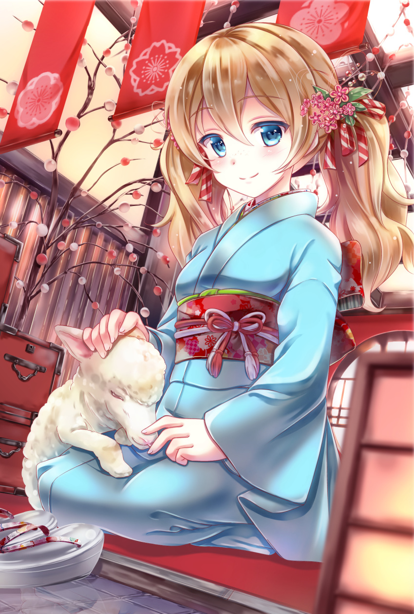 1girl, animal, blonde_hair, blue_eyes, blush, freckles, girlfriend_(kari), hair_ornament