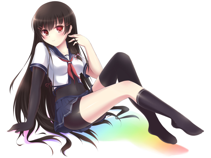 1girl, absurdres, arm_support, black_hair, black_legwear, blue_skirt, blush, bow, breasts, brown_hair, collarbone, cosplay, crop_top, elbow_gloves, full_body, furutaka_(kantai_collection), furutaka_(kantai_collection)_(cosplay), gloves, gradient, gradient_background, hair_ornament, hair_ribbon, hairclip, highres, isokaze_(kantai_collection), kantai_collection, kneehighs, long_hair, looking_at_viewer, microskirt, neckerchief, pleated_skirt, pose, rainbow_gradient, red_eyes, ribbon, school_uniform, serafuku, short_sleeves, simple_background, single_kneehigh, single_thighhigh, sitting, skirt, smile, socks, solo, thigh-highs, very_long_hair, white_background, zhou_yu_(ppaaqz1995)