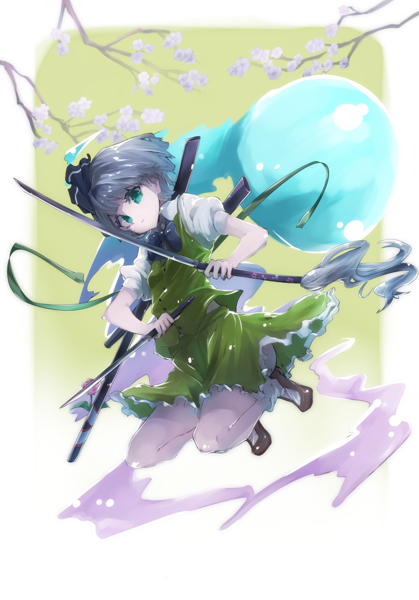 1girl, absurdres, bow, cherry_blossoms, collared_shirt, dual_wielding, expressionless, flower