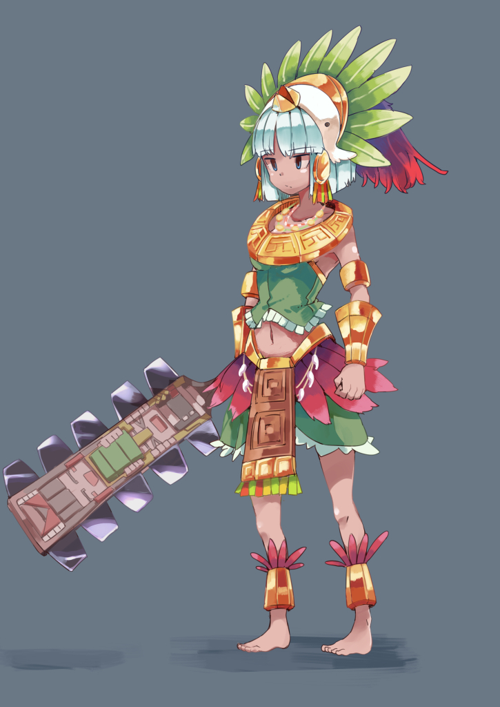 1girl, adapted_costume, alternate_costume, alternate_skin_color, anklet, armlet, aztec, barefoot, blue_eyes, bob_cut, bracelet, cookie_(touhou), expressionless, feet, full_body, green_topwear, grey_background, headdress, jewelry, konpaku_youmu, macuahuitl, midriff, navel, necklace, shirt, short_hair, simple_background, skirt, solo, sword, tan, touhou, tribal, warrior, weapon, white_hair, wristband, yoshinaga_p