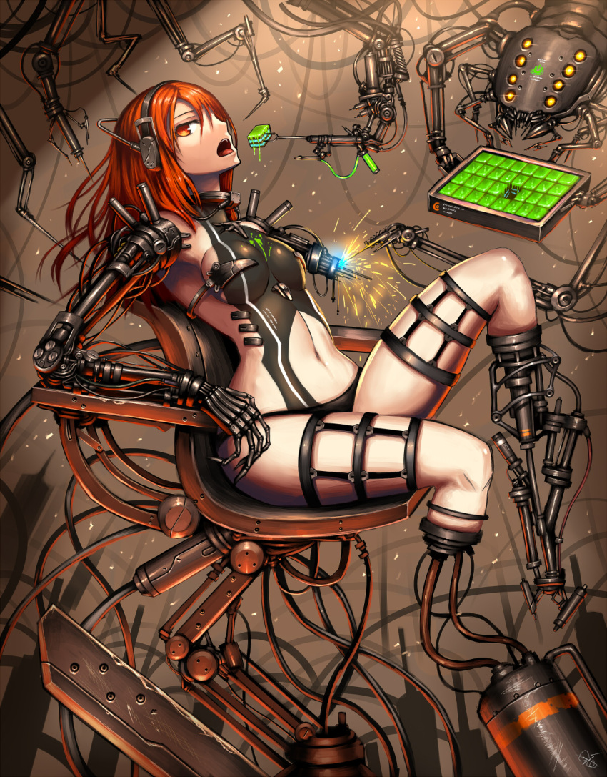 1girl, armchair, asymmetrical_bangs, bangs, black_panties, breasts, chair, cyborg