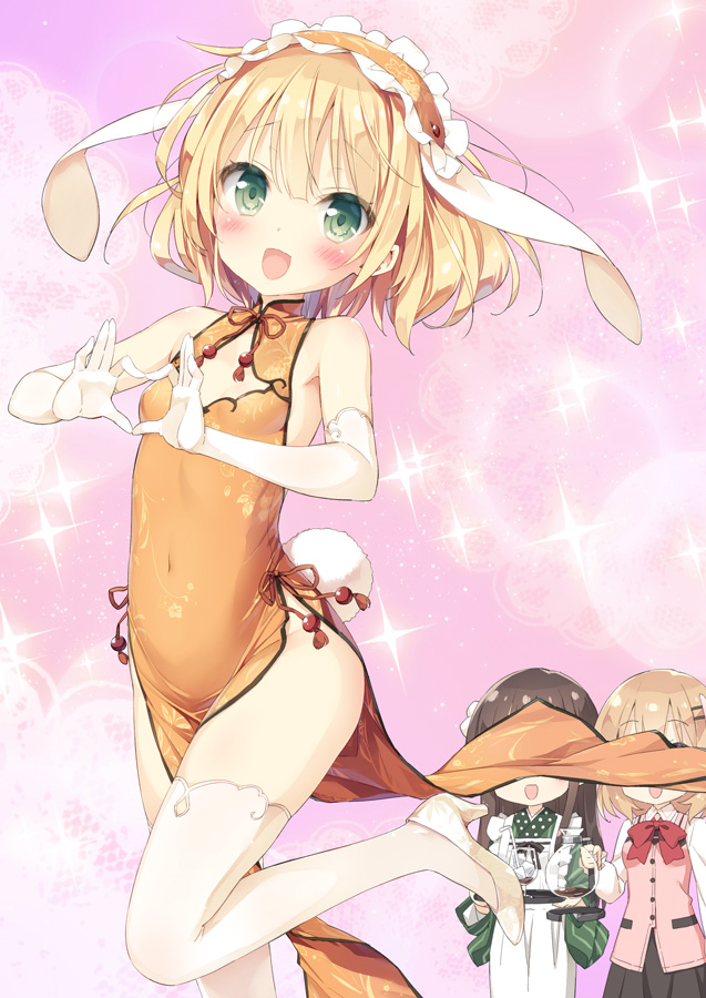 3girls, animal_ears, apron, bare_shoulders, blonde_hair, blush, brown_hair, bunny_tail