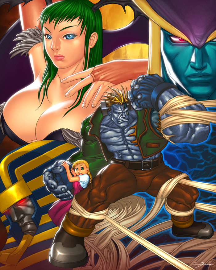 abs, anakaris, blonde_hair, blue_eyes, blue_skin, breasts, cleavage, demon_girl, emily_von_gerdenheim, green_hair, head_wings, jedah_dohma, large_breasts, morrigan_aensland, mummy, muscle, nemes, red_eyes, succubus, vampire_(game), victor_von_gerdenheim