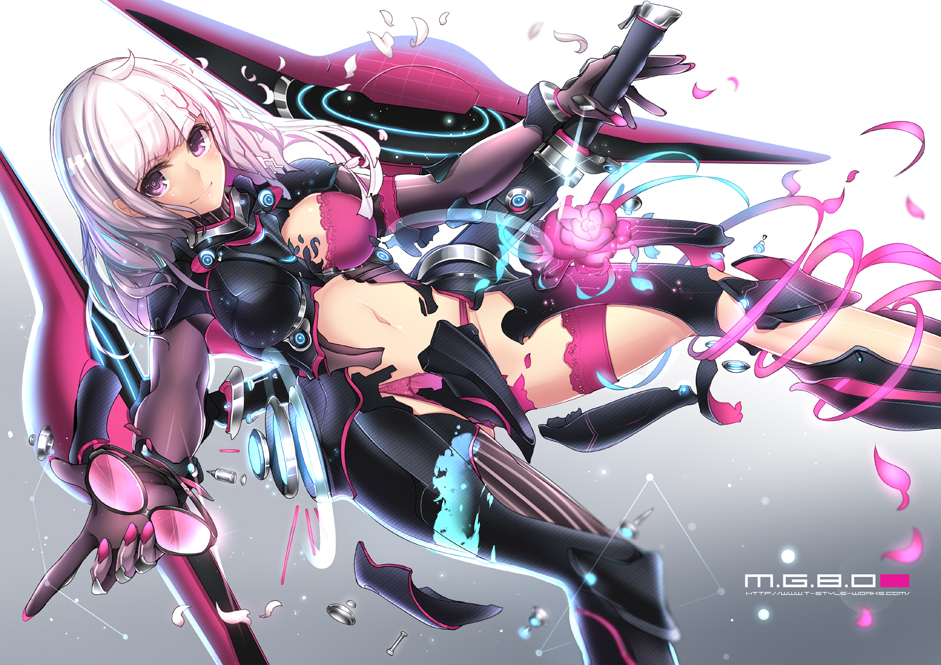 1girl, armor, bra, broken_armor, flower, gloves, long_hair, looking_at_viewer