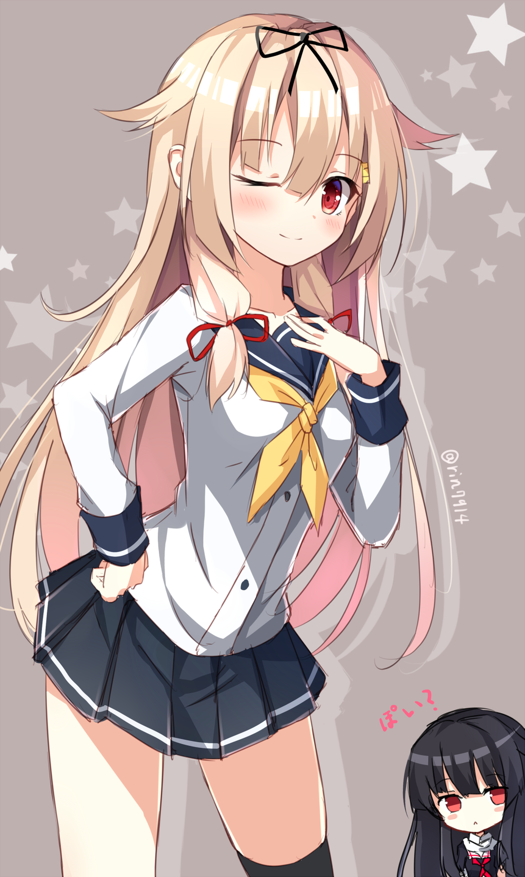 2girls, black_hair, blonde_hair, cosplay, costume_switch, hair_flaps, hair_ribbon, hand_on_hip, hand_on_own_chest, highres, isokaze_(kantai_collection), isokaze_(kantai_collection)_(cosplay), kantai_collection, long_hair, multiple_girls, nikkunemu, one_eye_closed, pleated_skirt, red_eyes, ribbon, single_thighhigh, skirt, smile, star, thigh-highs, very_long_hair, yuudachi_(kantai_collection), yuudachi_(kantai_collection)_(cosplay)
