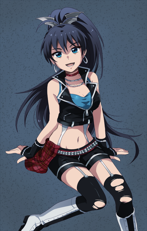 1girl, black_hair, blue_eyes, boots, breasts, choker, cleavage, earrings, fingerless_gloves, ganaha_hibiki, garter_straps, gloves, half-shirt, hiiringu, hoop_earrings, idolmaster, jewelry, knee_boots, midriff, necklace, sitting, sleeveless, solo, thigh-highs, torn_clothes, torn_thighhighs, white_boots, zipper, zipper_pull_tab
