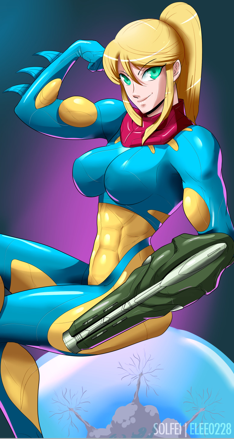 1girl, abs, arm_cannon, blonde_hair, bodysuit, breasts, flexing, fusion_suit