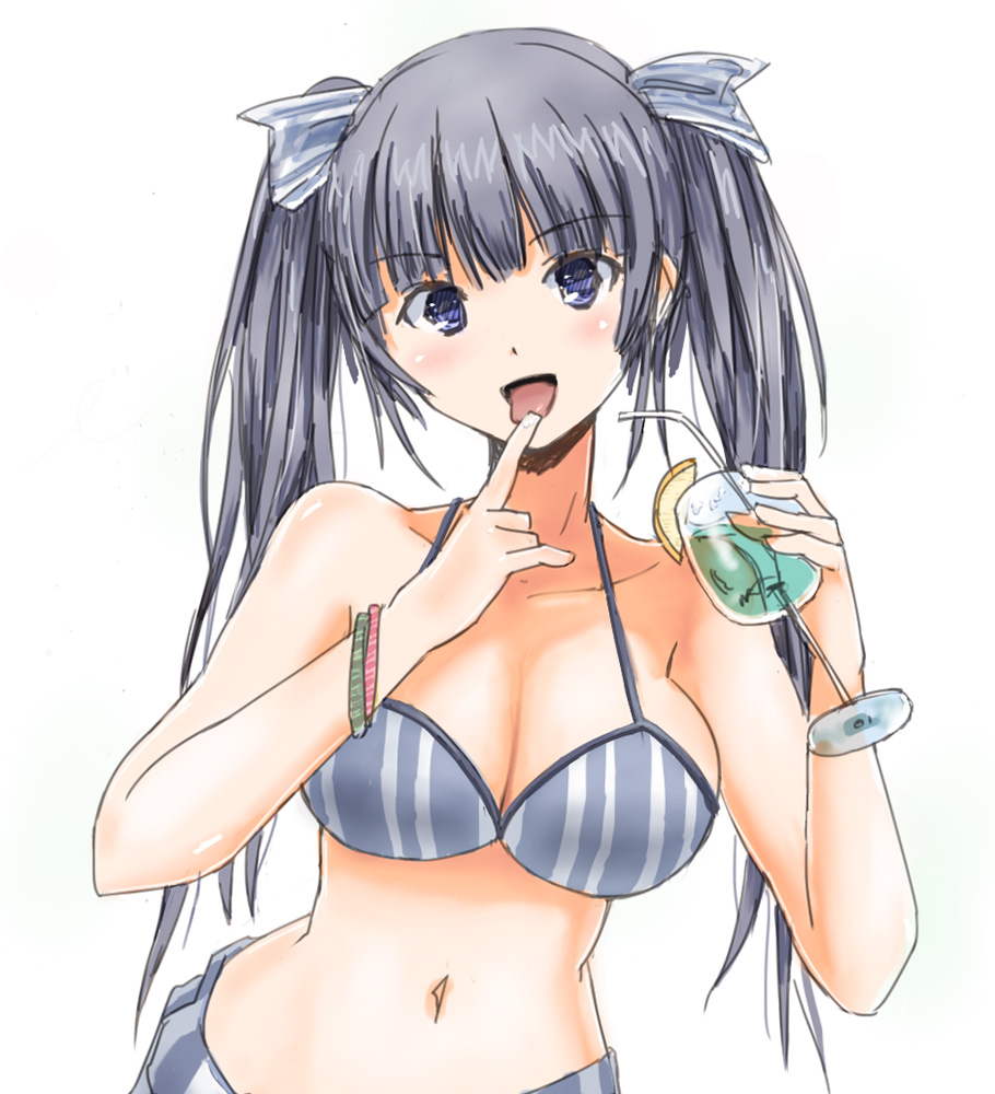 1girl, bikini, blue_eyes, cleavage, drink, licking, macfist, one_eye_closed