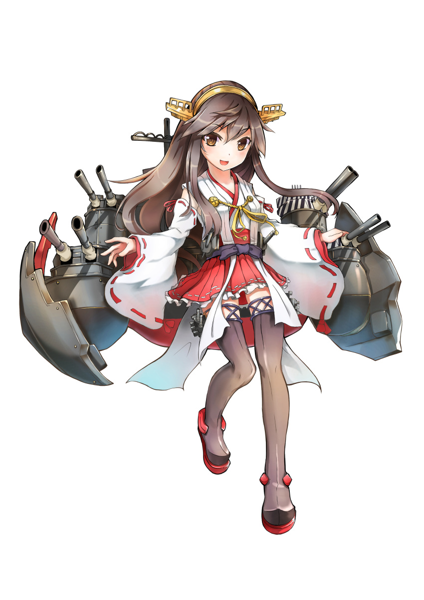 1girl, :d, absurdres, brown_eyes, brown_hair, detached_sleeves, hairband, haruna_(kantai_collection)