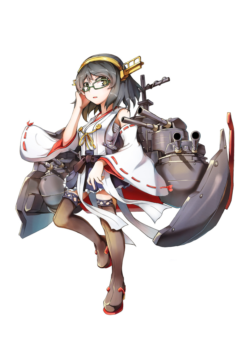 1girl, absurdres, adjusting_glasses, detached_sleeves, glasses, green_eyes, grey_hair, hairband