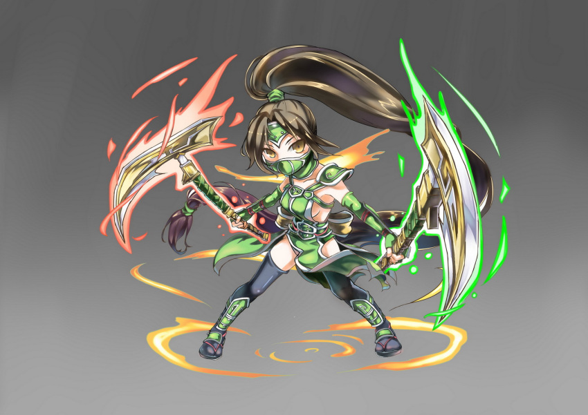 1girl, akali, breasts, brown_eyes, brown_hair, chibi, dual_wielding, face_mask