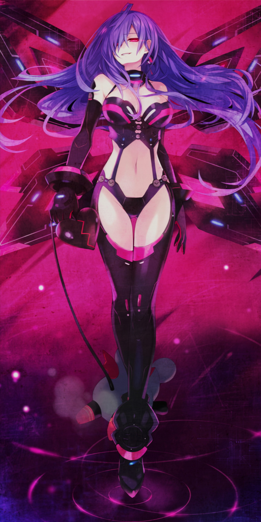 1girl, absurdres, bare_shoulders, black_boots, black_gloves, boots, choujigen_game_neptune, dengeki, earrings, elbow_gloves, gloves, hair_over_one_eye, heart, highres, holding, iris_heart, jewelry, kami_jigen_game_neptune_v, light_trail, logo, long_hair, looking_at_viewer, midriff, navel, neptune_(series), official_art, purple_hair, pururut, red_eyes, ripples, smirk, standing, thigh-highs, thigh_boots, thigh_gap, tsunako, very_long_hair, warechu, wings