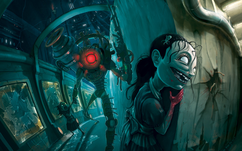 barefoot, belt, big_sister, bioshock, blood, blue, broken_glass, creepy