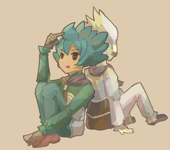 2boys, back-to-back, black_eyes, gamma_(inazuma_eleven), green_hair, grey_hair, inazuma_eleven_(series), inazuma_eleven_go