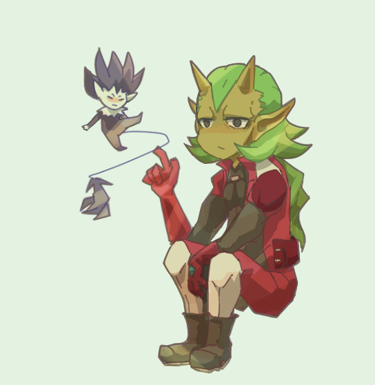2boys, akurousu_obiesu, black_eyes, boots, gloves, green_hair, horns, inazuma_eleven_(series), inazuma_eleven_go, inazuma_eleven_go_galaxy, long_hair, male_focus, mineru_eiba, multiple_boys, pointy_ears, simple_background, sitting, tori_(alpaca-alpaca)