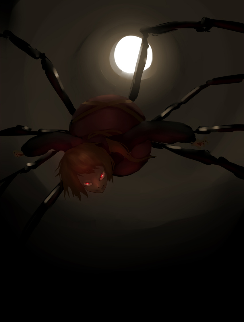1girl, absurdres, blonde_hair, bow, cave, dark, dress, evil_smile, glowing, glowing_eyes, hair_bow, highres, insect_girl, kurodani_yamame, long_sleeves, looking_at_viewer, monster_girl, mr_primavera, multiple_legs, ponytail, red_eyes, short_hair, smile, solo, spider_girl, spider_legs, sunlight, touhou