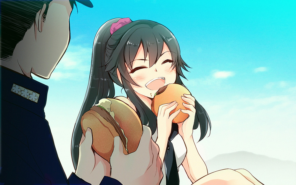 1boy, 1girl, :d, ^_^, admiral_(kantai_collection), black_hair, closed_eyes, food