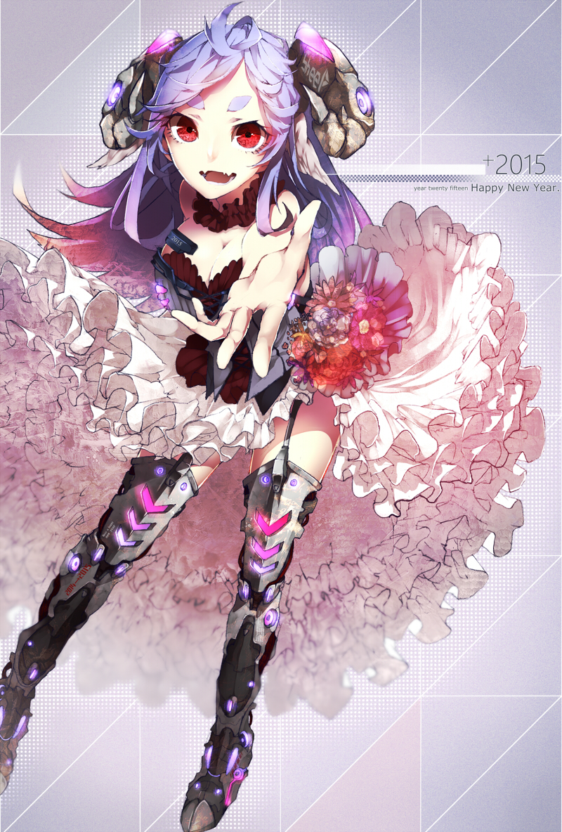 1girl, 2015, ahoge, black_boots, boots, bouquet, breasts, choker, cleavage, dress, english, eyebrows, fangs, floating, flower, frilled_dress, frills, garter_straps, happy_new_year, horns, large_breasts, lavender_hair, long_hair, looking_at_viewer, metal_boots, new_year, open_mouth, original, outstretched_arm, purple_hair, red_eyes, senshuu_kou, sharp_teeth, sheep_horns, solo, thick_eyebrows, thigh-highs, thigh_boots, year_of_the_ram