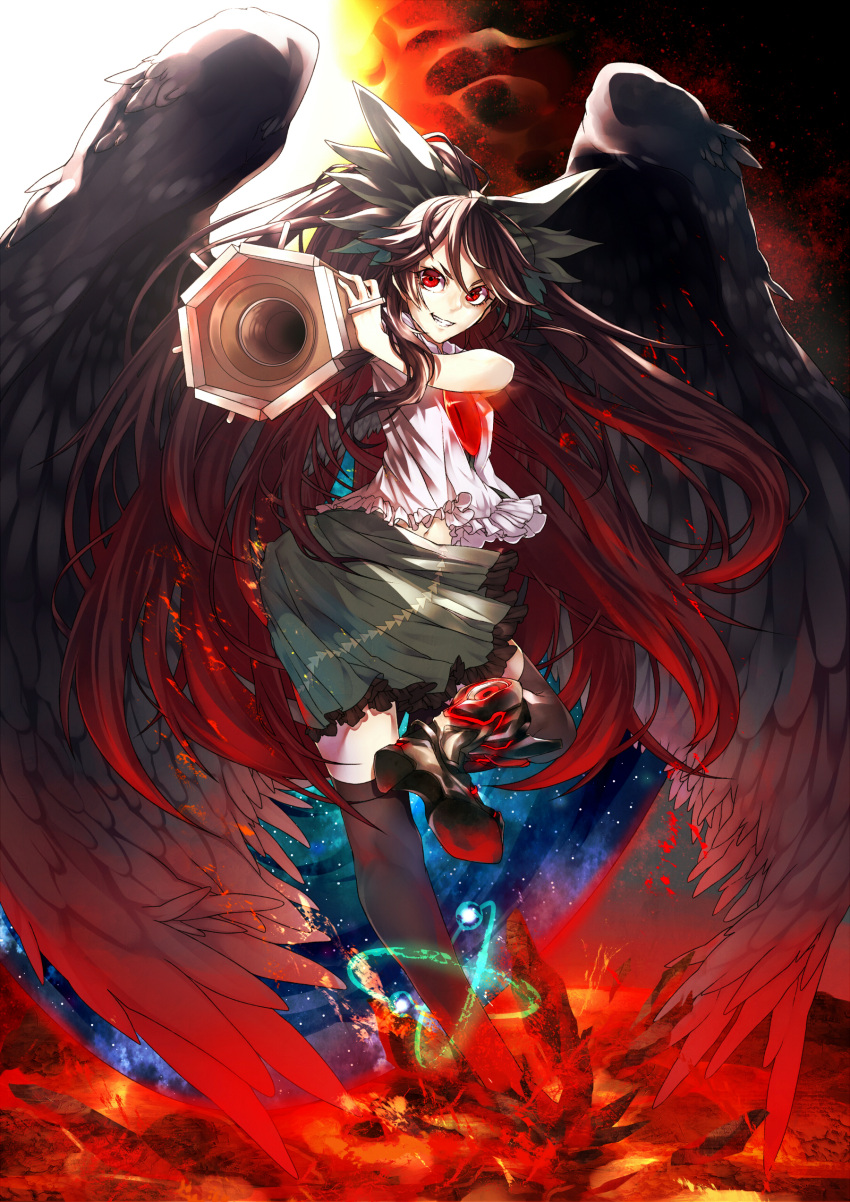 1girl, absurdres, arm_cannon, bird_wings, boots, bow, brown_hair, foreshortening