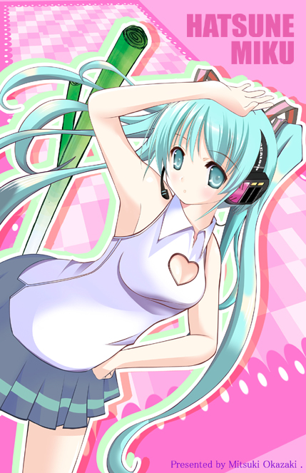 aqua_eyes, aqua_hair, breasts, cleavage, hatsune_miku, headphones, mitsuki_okazaki, okazaki_mitsuki