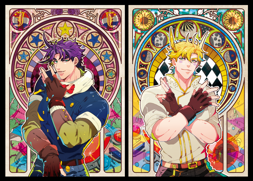 2boys, art_nouveau, blonde_hair, caesar_anthonio_zeppeli, cosplay, dio_brando, dio_brando_(cosplay), jojo_no_kimyou_na_bouken